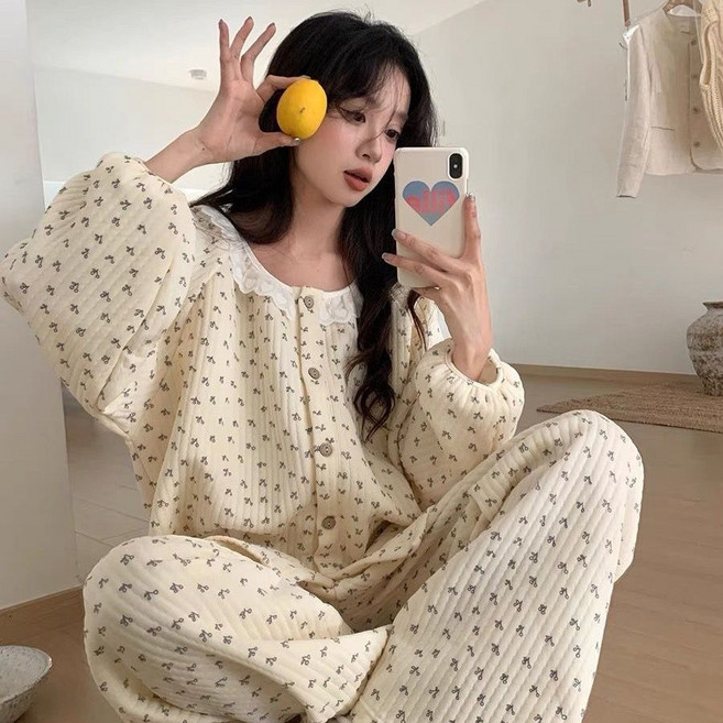 봄 가을 여성용 파자마 빅사이즈 긴팔 + 바지 여자 수면잠옷 겨울 여성 실내복 상하세트 CJJ