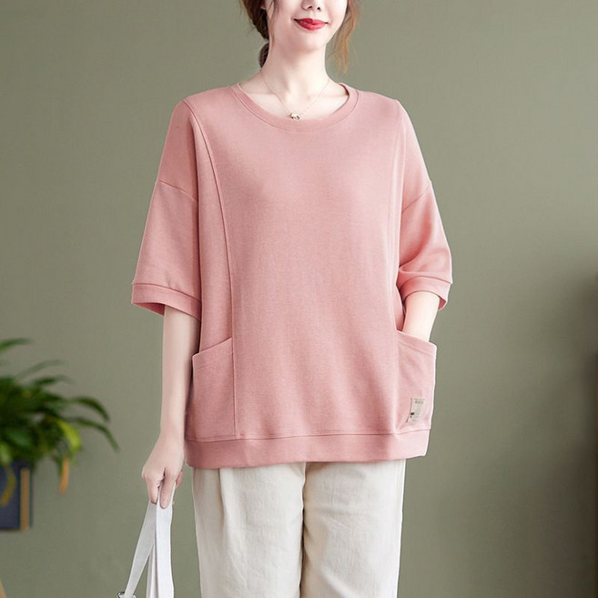 Makone 여성 라운드넥 솔리드 무지 순면 캐주얼 루즈핏 반팔 티셔츠 데일리룩