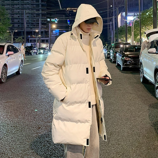 純色羽絨棉服 連帽保暖外套 男女潮牌運動大衣 加厚過膝長款棉服