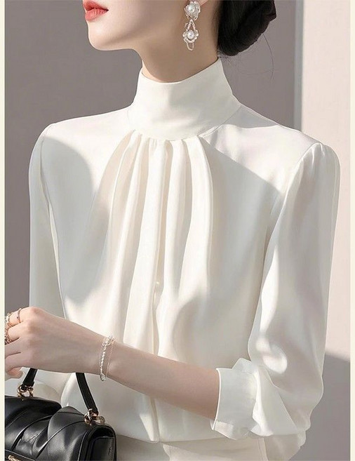 Choyur여성 우아한 하이넥 쉬폰 블라우스 스타일 주름 디자인zyq