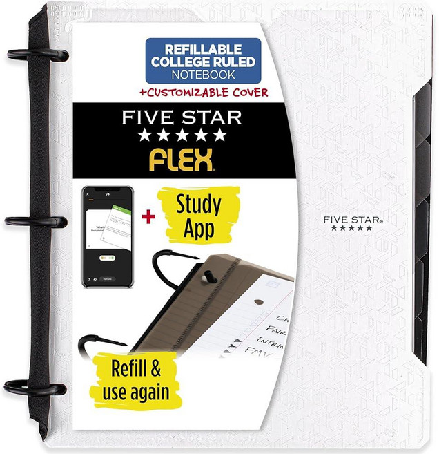 Five Star Flex 리필 가능한 노트 + 스터디 앱 맞춤형 커버가 있는 2.5cm(1인치) 바인더 대학 유선 노트 및 링 바인더 3개 하이브리드 노트 바인더 20, 화이트