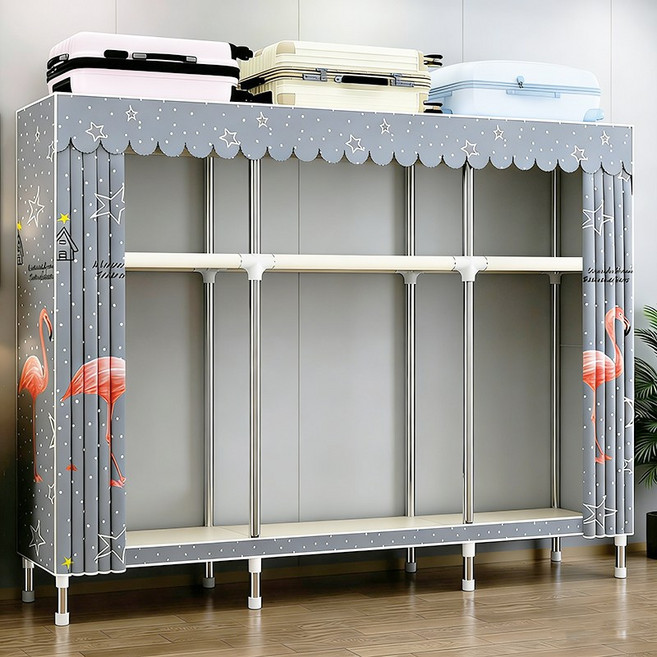 [시스슈] 강화 철제 3단 이동 옷장 시스템 - 먼지방지 커튼과 대용량 하단 수납이 있는 조립식 합금 비키니 옷장, 회색