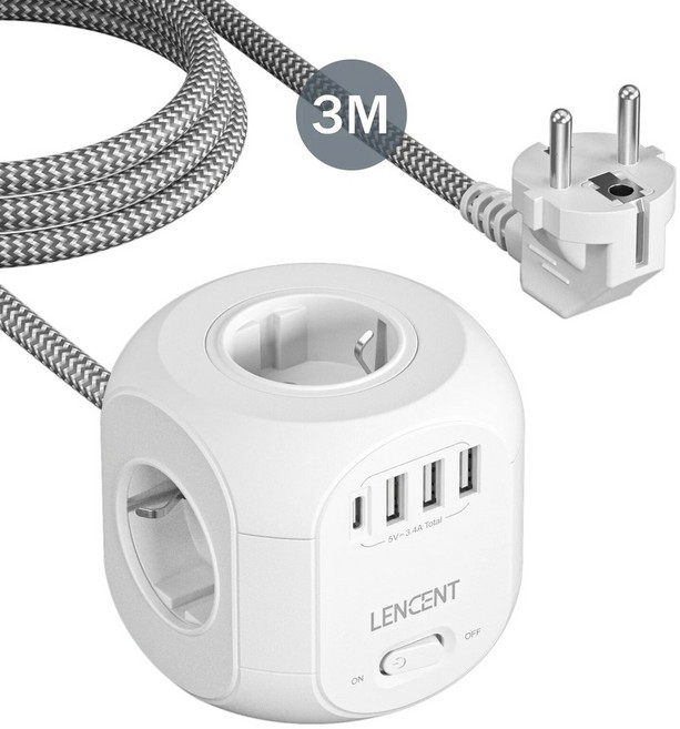 LENCENT EU 플러그 전원 소켓 케이블 있는 편조 2M/ 스위치가 가정용 C 유형 4개 스트립(AC 포트 USB 콘센트 3개 ) 멀티, 3U1C