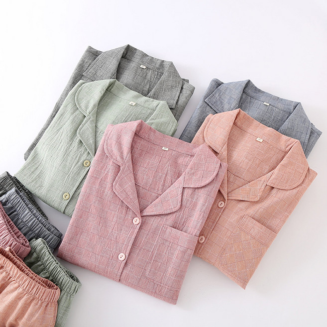 남녀공용 부드러운 통기성 순면 캐주얼 파자마 세트 오버핏 홈웨어 긴팔 잠옷 카라 상하세트