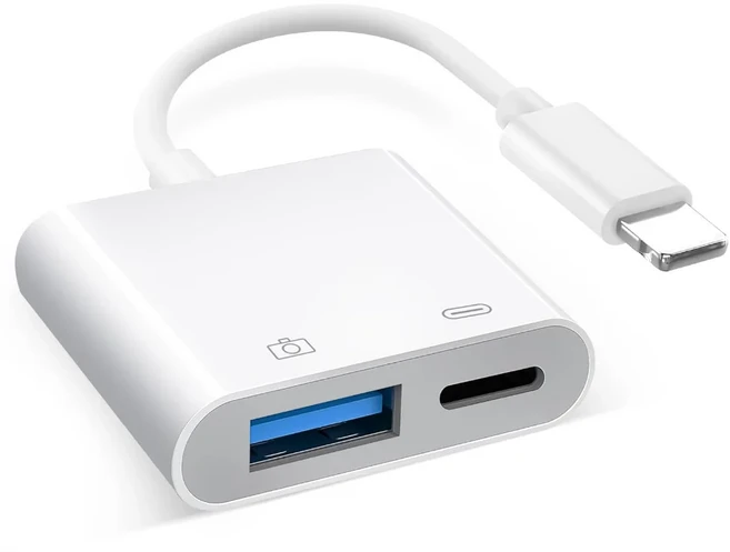 충전 포트가 있는 라이트닝-USB 카메라 어댑터 일부 iPhone iPad 모델용 휴대용 USB3.0 암 OTG 케이블, 01 white