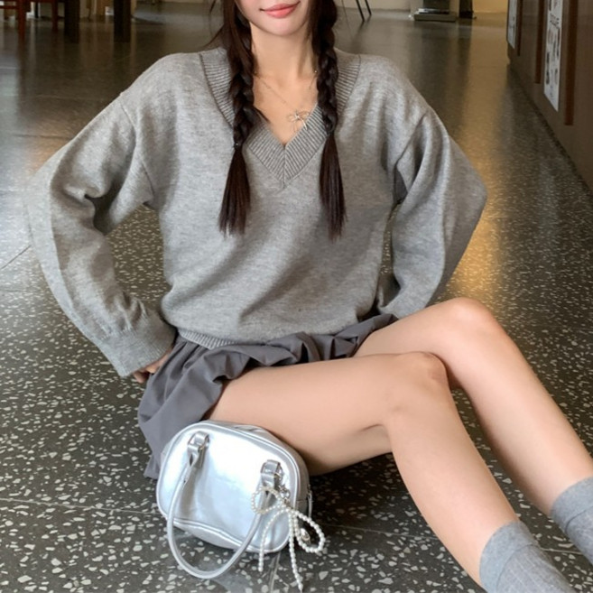 레티고 부들 딥 브이넥 오버핏 긴팔 맨투맨 니트