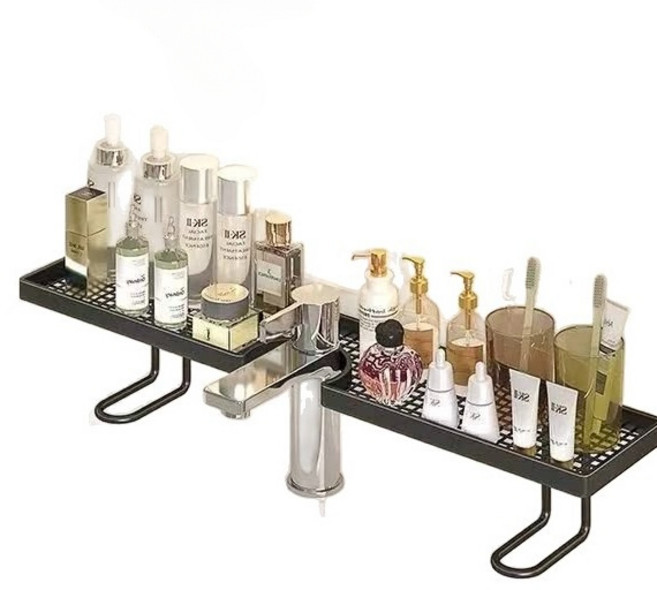 무타공 욕실 수납선반 흡착식 정리함 거울장 앞 수전 수납 트레이 물빠짐 다용도 선반, 블랙 50cm × 1개