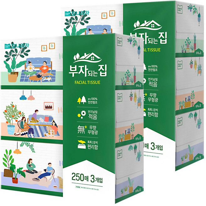 모나리자 부자되는집 천연펄프 미용티슈 250매 3입 2팩(6개), 6개