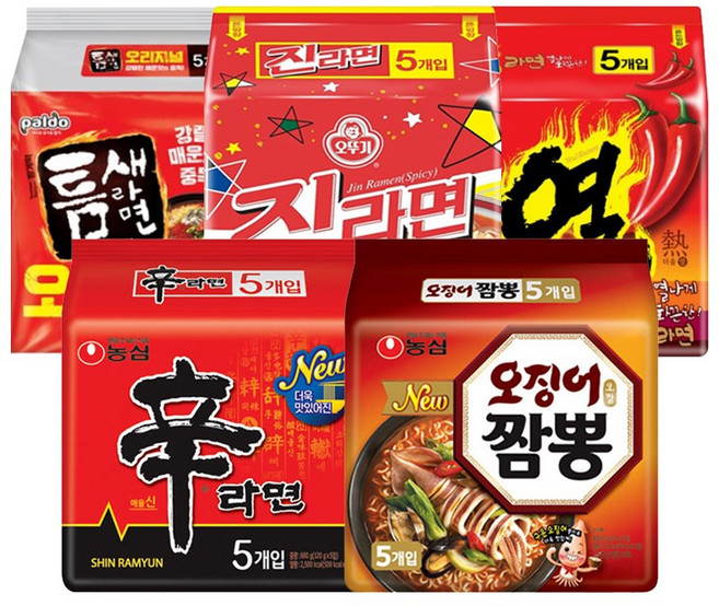 신라면5+열라면5+오징어짬뽕5+진라면매운맛5+틈새라면5, 1세트