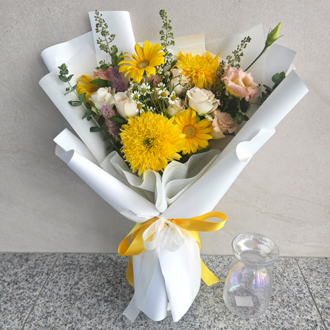 [ 니꽃내꽃 ] 생화 장미 꽃다발+화병 세트, FH05 옐로우+화병, 1개