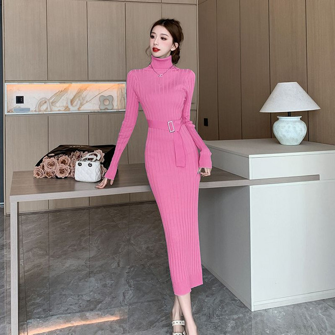 겨울 여성 롱 니트 원피스 여자 슬림핏 터틀넥 기모 롱 드레스 LCL
