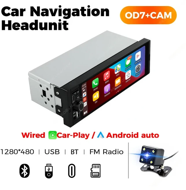 NaviFly OD8 6.86 1280480 1 Din MP5 플레이어 자동차 라디오 무선 Carplay 안드로이드 자동 멀티미디어 플레이어 1Din FM 자동 라디오 스테레오, 03 OD7 Wired CP AA Cam