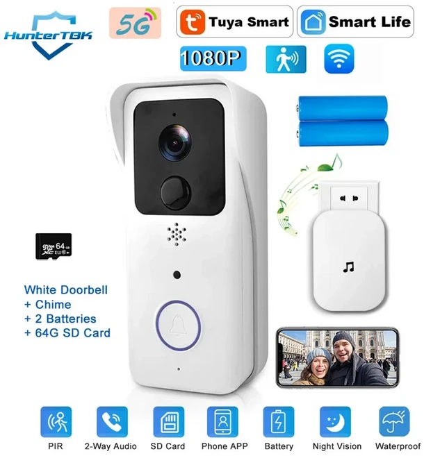 5G 2.4G WiFi 비디오 초인종 1080P Tuya 스마트 야외 무선 인터콤 방수 카메라 벨소리, 01 EU 플러그, 04 White Kit 64G SD
