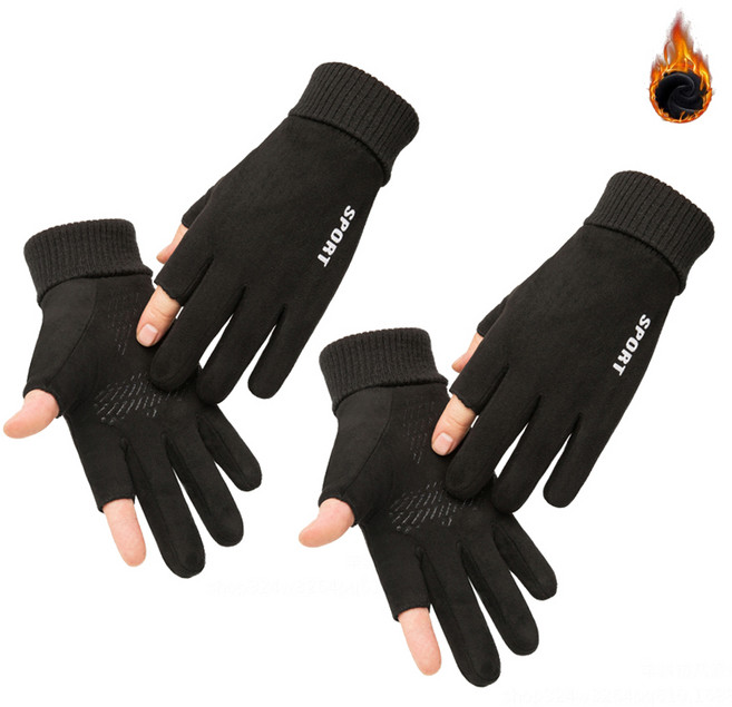 볼품 스웨이드 기모 겨울장갑 핑거홀 1+1 방한용품, 블랙
