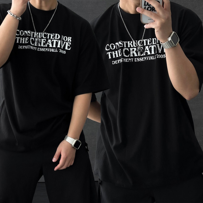 크리에이브 빈티지 레터링 프린팅 크랙 코튼 오버핏 반팔티