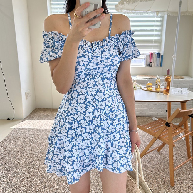 [M L XL 2XL]쏘핑 플라워 오프숄더 반팔 스커트 임산부 키큰여자 체형커버 빅사이즈 수영복, 파란색