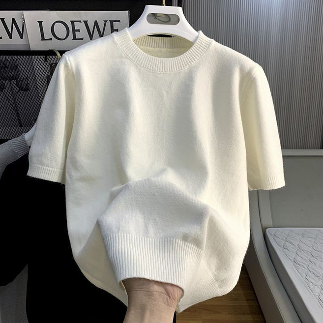 남성 라운드넥 빅사이즈 반팔 니트 티 봄가을 간절기 스판 스웨터 심플 솔리드 패션 고급 트레이닝 패션 아우터 상의