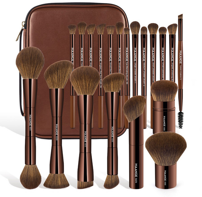 MAANGE 더블 헤드 메이크업 브러시 및 파운데이션 브러시 블러셔 브러시 및 아이섀도 브러시 20피스 세트, 1개, Brown--SB