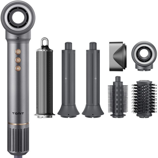 Tanit 가성비 7in1 헤어스타일러 고속 BLDC 음이온 드라이어 자동컬링 투배럴 에어 브러쉬, 그레이