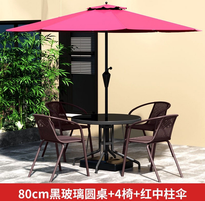 80cm 黑色玻璃圓桌+4椅+香蕉傘, 80黑色組裝圓桌+4椅+中柱傘