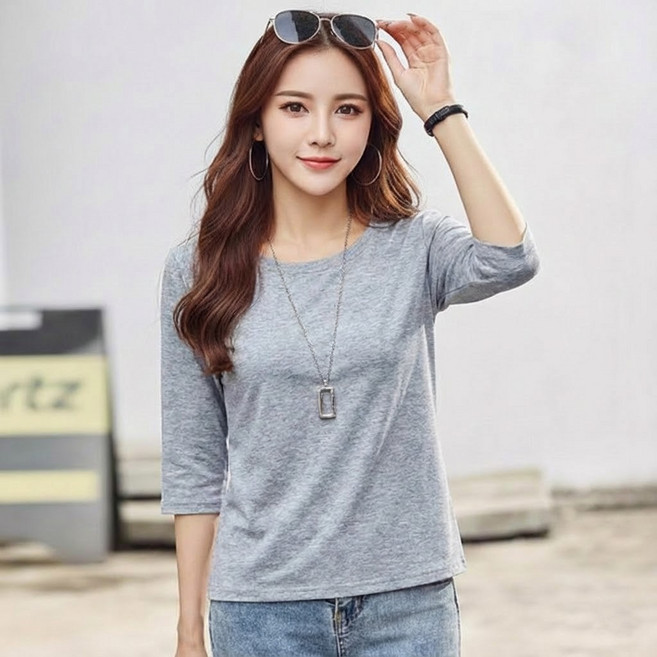 히트그램 간절기 루즈핏 면스판 라운드넥 7부 티셔츠