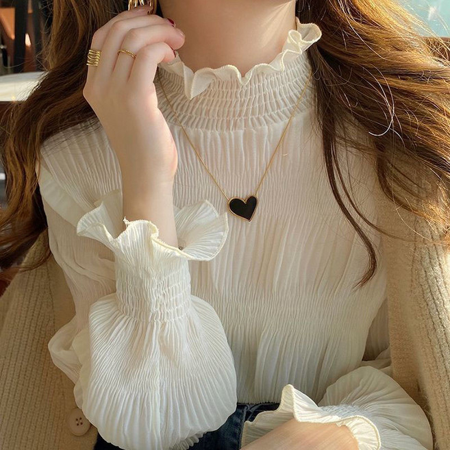 여성 패션 레이스 티셔츠 봄 가을 캐주얼 코디 이너티 여자 춘추 심플 루즈핏 쉬폰 블라우스 긴팔티 상의 WMY