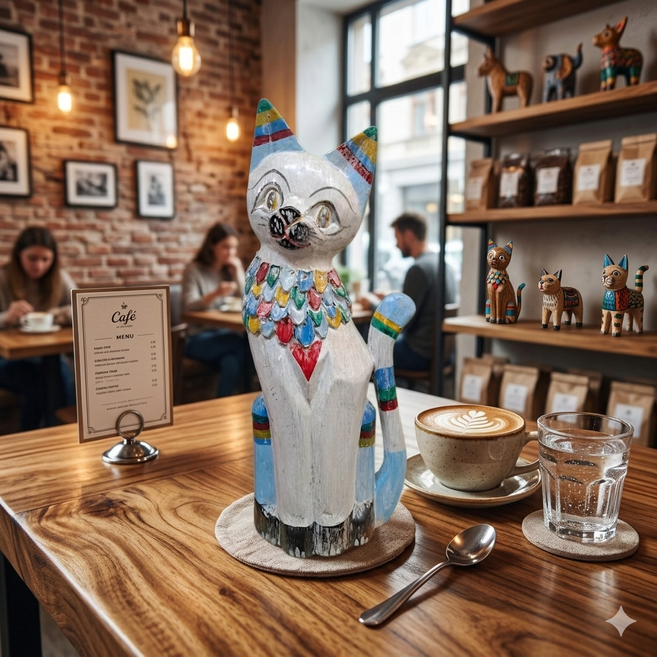 소품팩토리 빈티지 파스텔 목각 고양이 장식인형 카페꾸미기 선반장식품