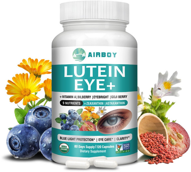 루테인 아이+ 비타민 보충제 - 5:1 비율 제아잔틴 아스타잔틴 눈의 밝기 빌베리 - 대비 개선 미세 디테일 눈 건강 - 건강한 수정체 황반부 망막 야간 시력 지원, 1개, 60정