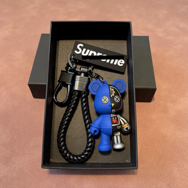 스프림 사이보그 키홀더 - 베어브릭 차키 자동차 키링 열쇠고리 고급 가죽 키체인 곰돌이, 블루, 1개