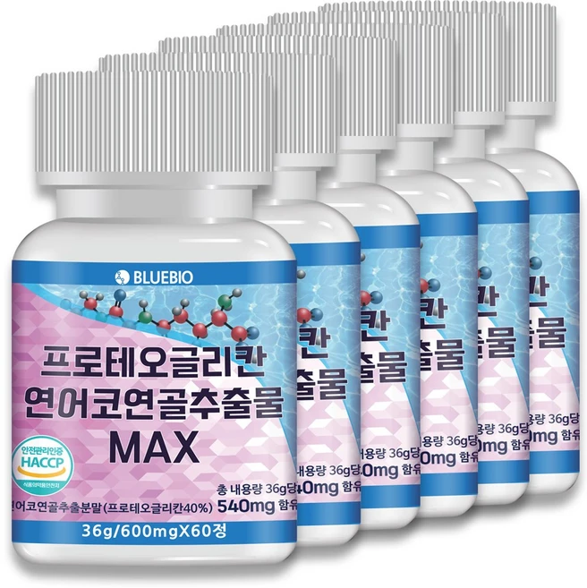 프로테오글리칸 연어코 연골 추출물 MAX 600mg 60정 2형 콜라겐 콘드로이친 글루코사민 류신 함유, 6개 - 쿠팡