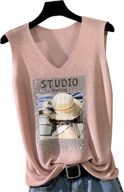 여성용 아이스 브이넥 스팽글 장식 패턴 니트 나시 4B558