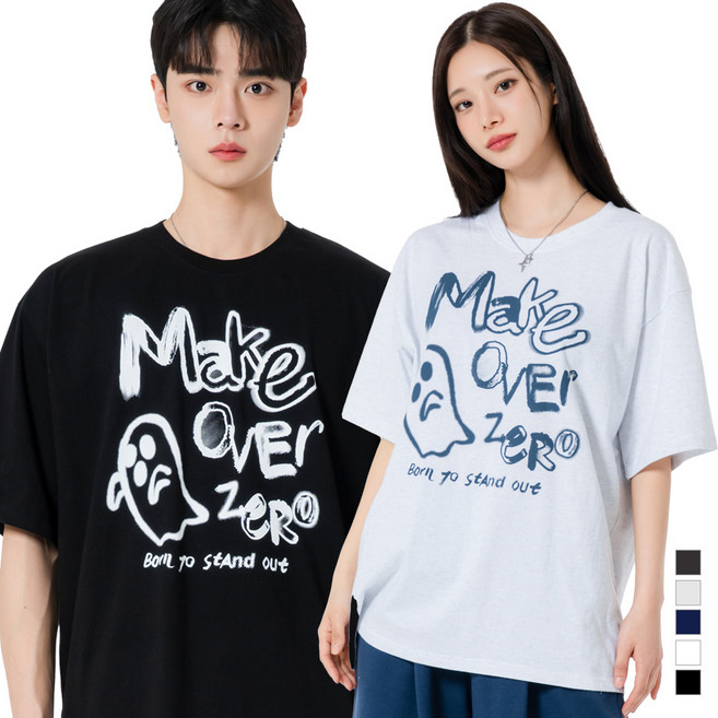 모즈모즈 남녀공용 고스트 드로잉 오버핏 통기성 반팔 티셔츠