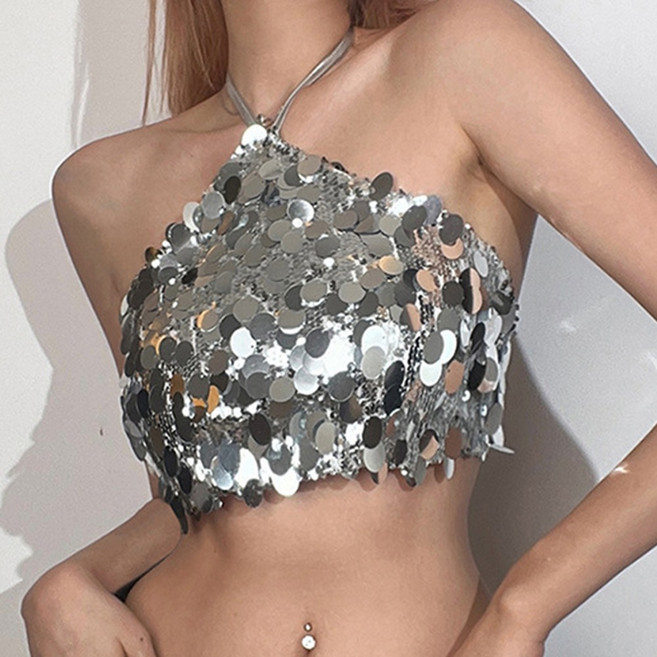 cammello 실버 스팽글 백리스 홀터넥 크롭탑 반짝이 연말 클럽 파티룩