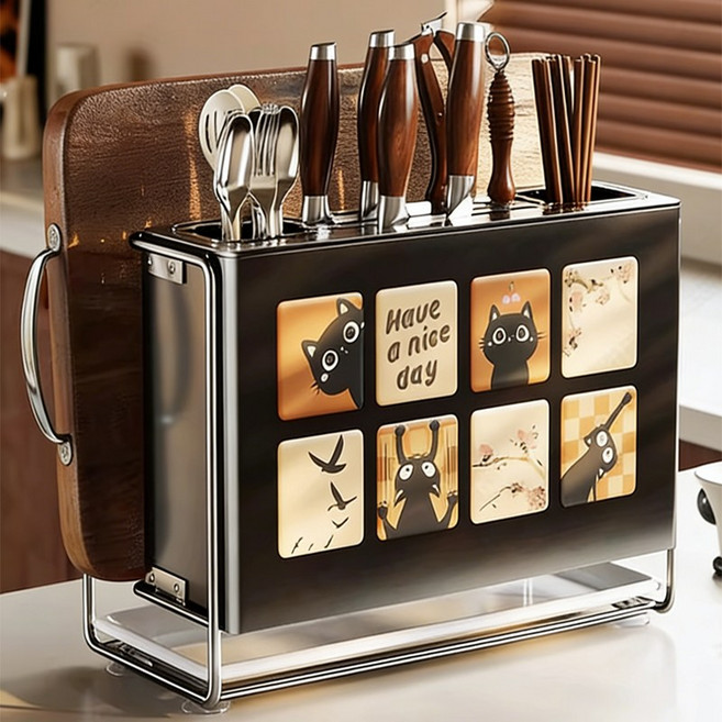 SeekFun 다용도 주방 수납장 칼꽂이 수저통 도마꽂이 물빠짐 다용도 수납함, 1개, 블랙