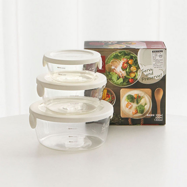 전자레인지 내열 유리 용기 3P 세트 투명 반찬통 세트, 300ml+600ml+1200ml, 1개