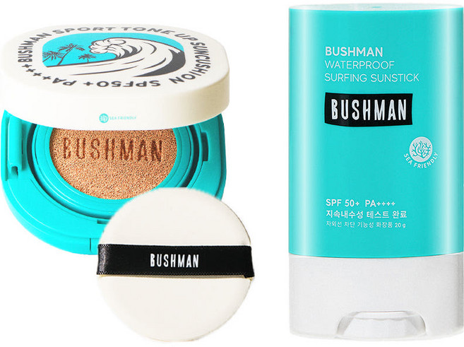 부쉬맨 스포츠 톤업 선쿠션15g + 워터프루프 서핑 선스틱 20g SPF50+ PA++++ 세트, 1개
