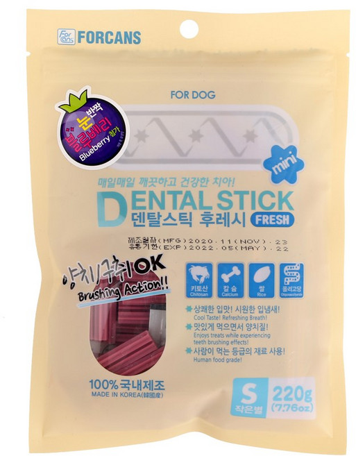 포근한잡화점 애견간식 덴탈스틱 후레쉬 220g 블루베리 애견덴탈케어강아지 강아지덴탈케어껌, 1개