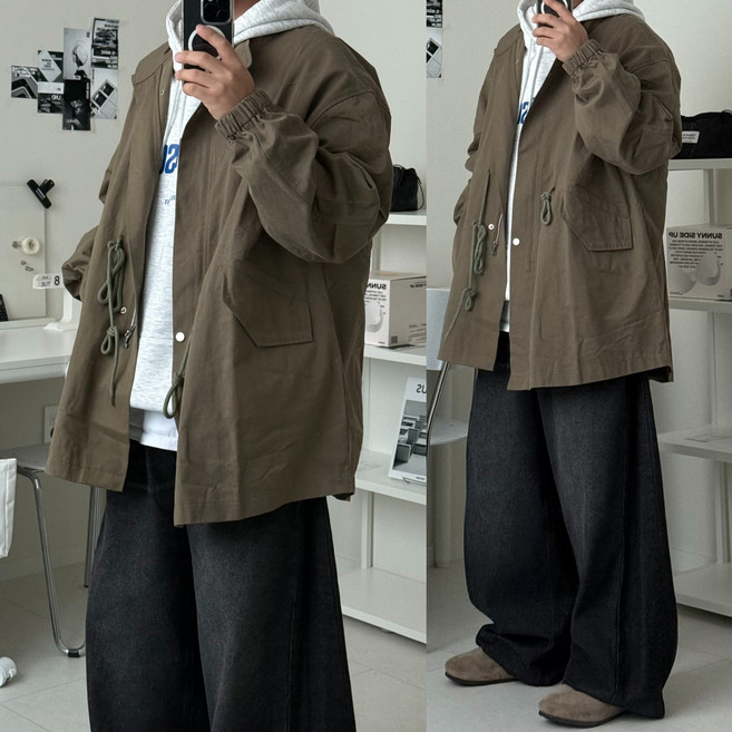 르위 오버핏 야상 필드자켓 스트링 남녀공용 빅사이즈 코튼 사파리 재킷