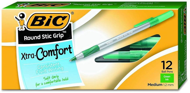 BIC Round Stic Grip 엑스트라 컴포트 볼펜 미디엄 포인트 1.2mm 그린 12개 8개 팩 193830, BIC Round Stic Grip 엑스트라 컴포트 볼