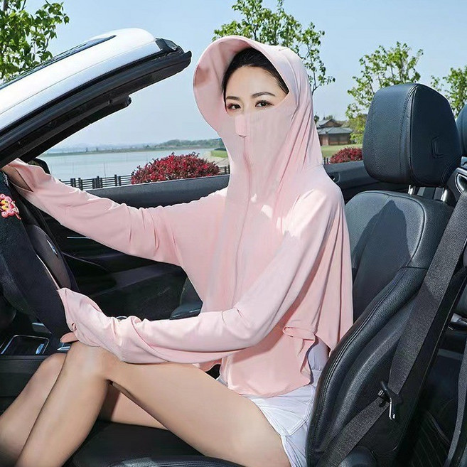 女款夏季防曬外套 大帽子護肩 防紫外線透明外套, 粉