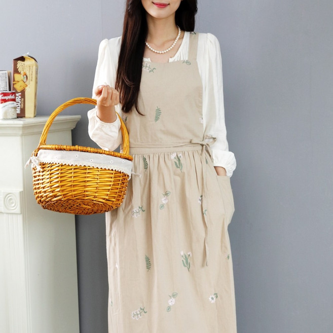 꽃자수앞치마 플로리스트꽃집 어린이집교사 코튼 방수프릴앞치마, 라이트베이지 들꽃자수, 1개