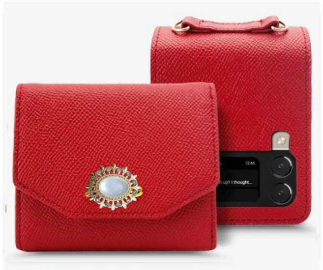 갤럭시 Z플립3 _ 앤틱 펄 천연 소가죽 금속장식 지폐1칸+카드4장 수납 지갑형 케이스 + 핸드스트랩