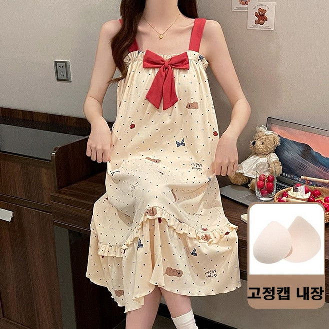 민샵 여성 캡 내장 노브라 고정 홈웨어 원피스 잠옷