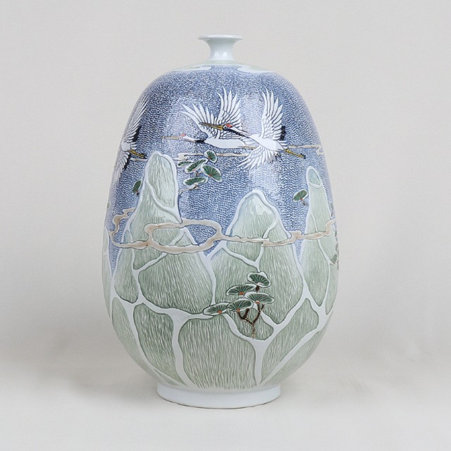 점묘 백자 산수 송학 긴행고 26cm X 38cm 고급 작품 도자기