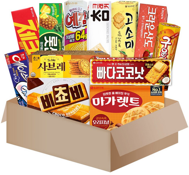 [메리박스] 과자12종{비쵸비+고소미+예감+산도+참크래커+빠다코코낫+제크+롯샌+구운감자+사브레+에이스+마가렛트}, 1세트, 과자세트