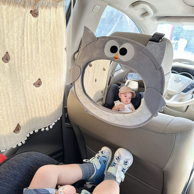 汽車觀察鏡 寶寶觀察鏡 後視鏡 安全鏡 車用鏡 掛式鏡子, 1個, 貓頭鷹, 灰色