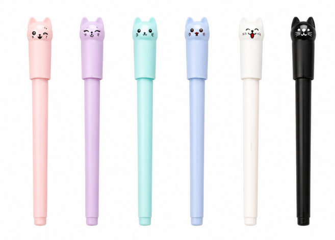 몽글비 귀여운 고양이 볼펜 세트 0.5mm 젤펜, 6개, 핑크,보라,민트,스카이,아이보리,블랙