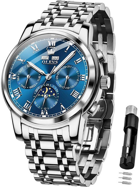 OLEVS 남성용 오토매틱 시계 기계식 셀프 와인딩 럭셔리 비즈니스 드레스 문 페이즈 스테인리스 스틸 캘린더 손목 방수 야광 블랙.