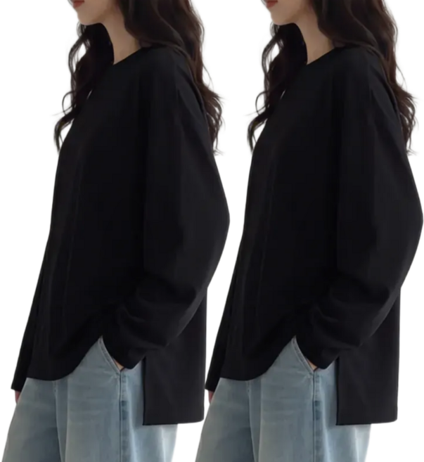 우니크 1+1 여성용 옆트임 오버핏 레이어드 긴팔 티셔츠