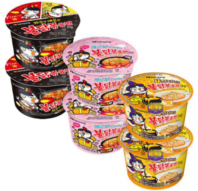 삼양 불닭 3개 + 까르보불닭 3개 + 4가지치즈불닭 3개 / 컵라면 큰컵, 없음